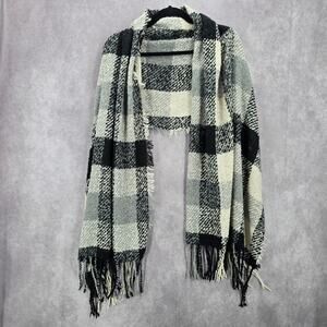 Rampage‎ Black White Plaid Tartan Fringe Tassel Knit Wrap Shawl Scarves Scarf